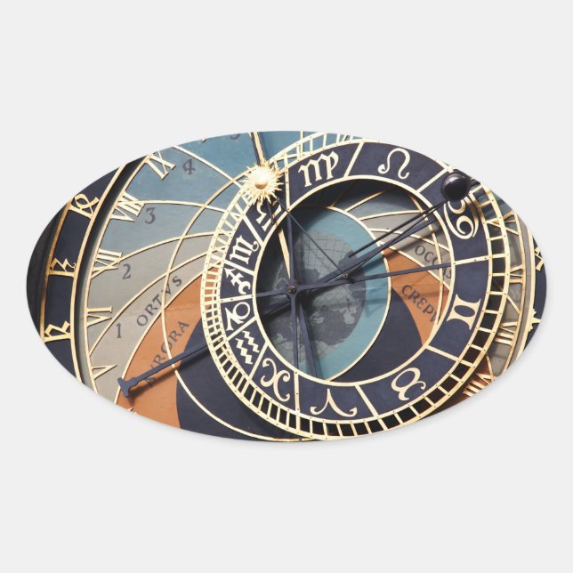Adesivo Oval Astrologia Antiga Timepiece Relógio Checo. (Frente)