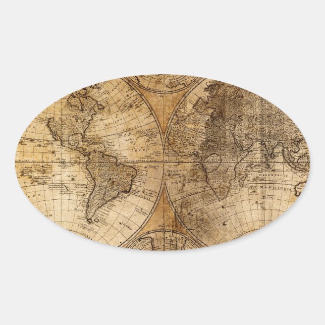 Adesivo Oval Atlas de Mapa do Mundo Vintage (Frente)