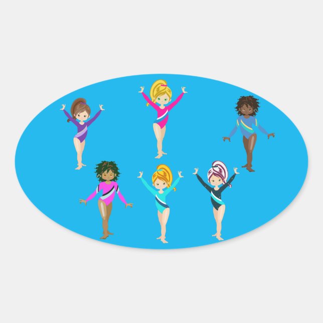 Adesivo Oval Autocolantes de ginástica com 6 ginastas (Frente)