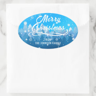 Adesivo Oval Azul Branco Neve Pacífico Floresta Feliz Natal