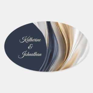 Adesivo Oval Azul-Casado Moderno Branco e Dourado