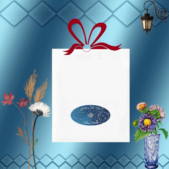 Adesivo Oval Azul Espumante Ano Novo Estrelas de Brilho Festa F (Blue Sparkling New Year Glitter Stars Floral Party Oval Sticker)