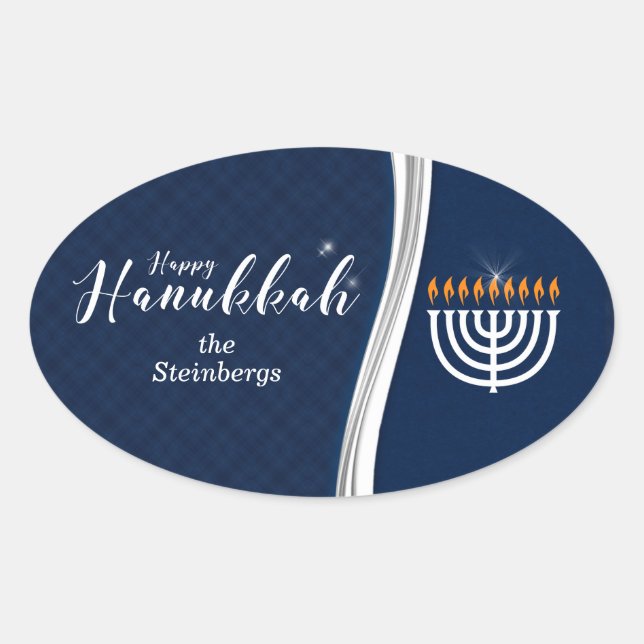 Adesivo Oval Azul moderno e branco com nome para Hanukkah (Frente)