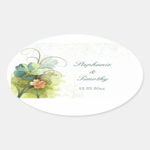 Adesivo Oval Azul-verde-cor-de-rosa + vinhetas de casamento flo