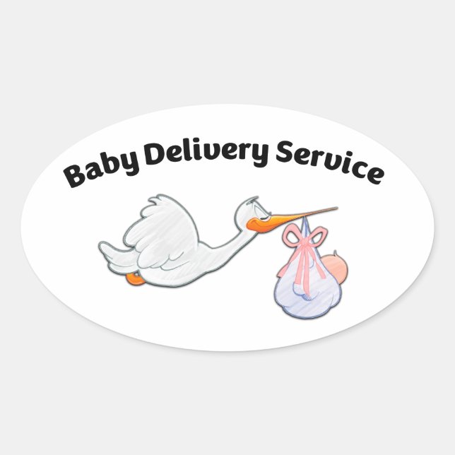 Adesivo Oval Baby Delivery Service ! Funny Midwife Baby Stork (Frente)