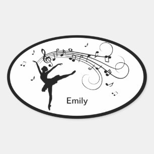 Adesivo Oval Ballerina Dançando com Notas de Música