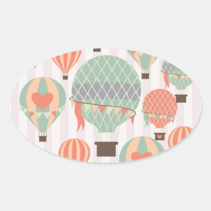 Adesivo Oval Balões de ar quente de pastel Céu Ascensão, cor-de