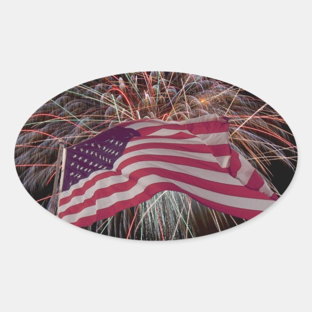 Adesivo Oval Bandeira Americana e Fireworks (Frente)