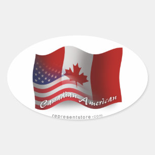 Adesivo Oval Bandeira de ondulação Canadense-Americana