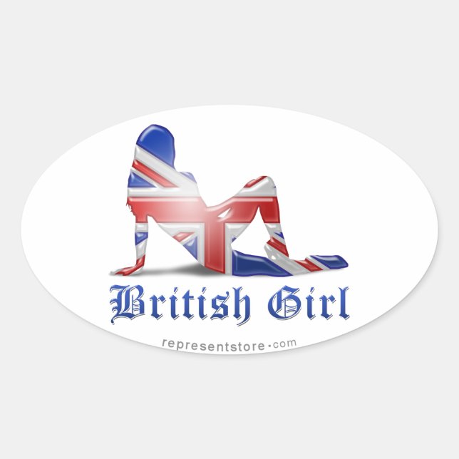 Adesivo Oval Bandeira de Silhouette da British Girl (Frente)