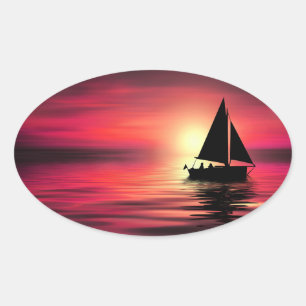 Adesivo Oval Barco Solar, Fundo Do Mar E Laranja