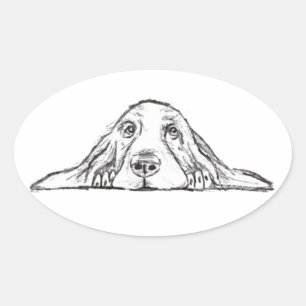 Adesivo Oval basset hound preto branco simples olhos de cachorr