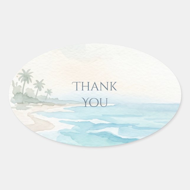 Adesivo Oval Beach Aquarela Obrigado (Frente)