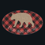 Adesivo Oval Beary Felry Christmas Xadrez Burlap Bear<br><div class="desc">Um adesivo com uma ilustração de uma silhueta de ursos. O texto abaixo diz,  "BEARY MERRY CHRISTMAS" O plano de fundo é vermelho e preto lumberjack búfalo,  verificação de xadrez.</div>