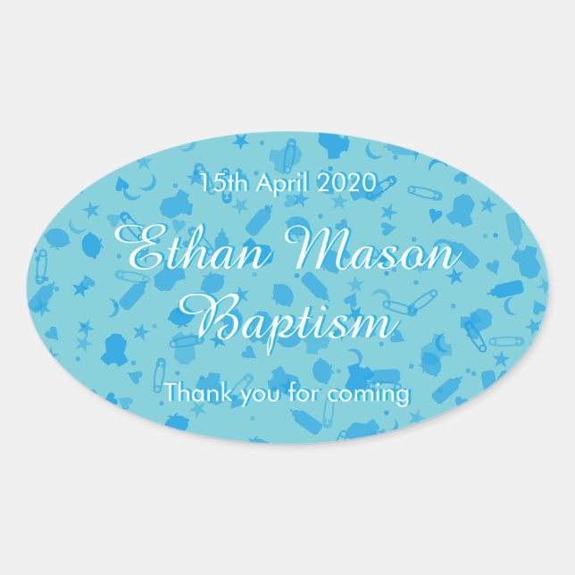 Adesivo Oval Bebê Blue Confetti Baptism Christening Favor (Frente)