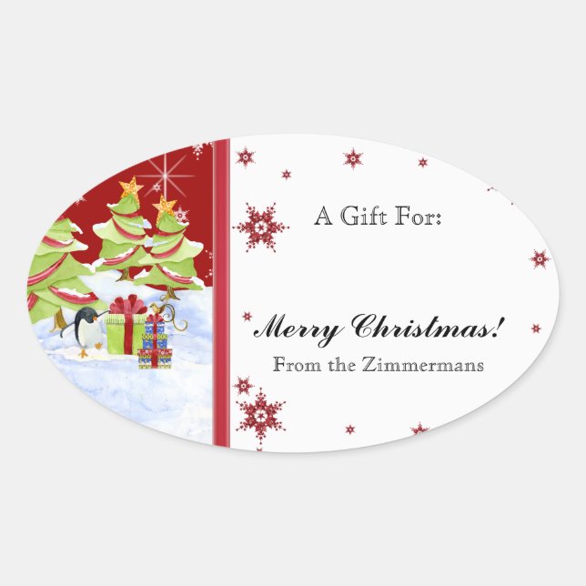 Adesivo Oval Bebês de Pinguim Cugado Inverno em Estrela de Neve (Frente)