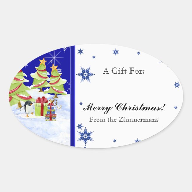 Adesivo Oval Bebês de Pinguim Cugado Inverno em Estrela de Neve (Frente)