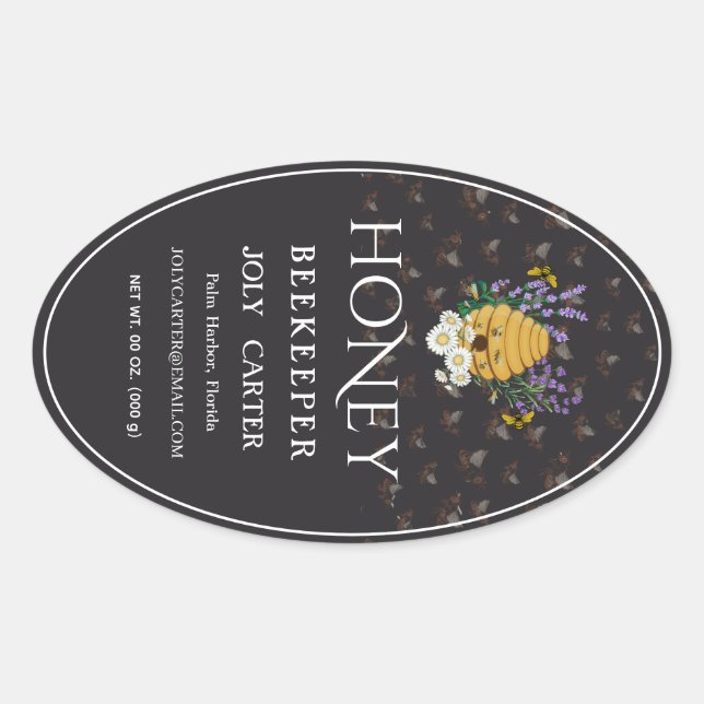 Adesivo Oval Beekeeping Honey Labels | Honeybee & Honeycomb Des (Frente)