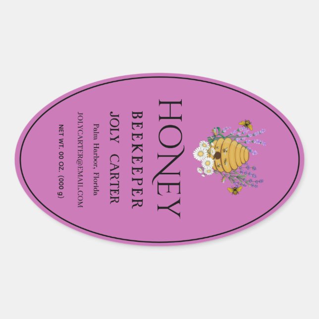 Adesivo Oval Beekeeping Honey Labels | Honeybee & Honeycomb Des (Frente)