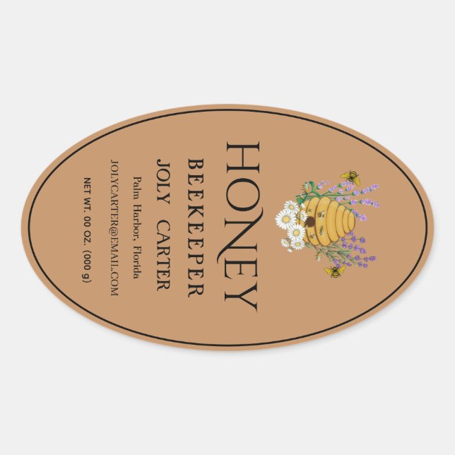 Adesivo Oval Beekeeping Honey Labels | Honeybee & Honeycomb Des (Frente)