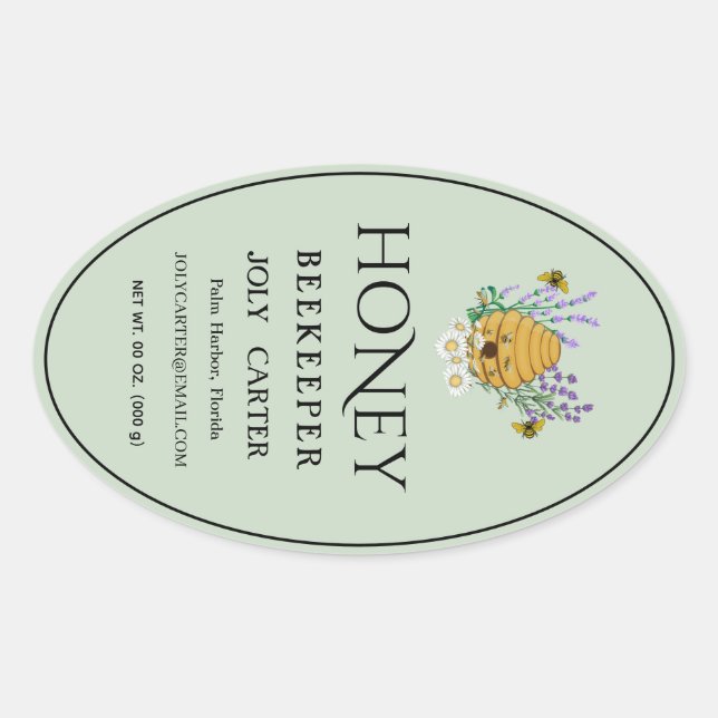 Adesivo Oval Beekeeping Honey Labels | Honeybee & Honeycomb Des (Frente)