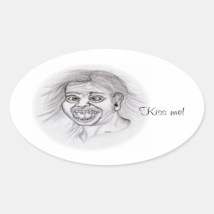 Adesivo Oval Beije-me! Design preto e branco do desenho de