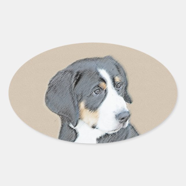 Adesivo Oval Bernese Mountain Dog Puppy Painting - Arte Origina (Frente)