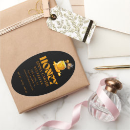 Adesivo Oval Black Bee Honey Label Metallic Gold Text 