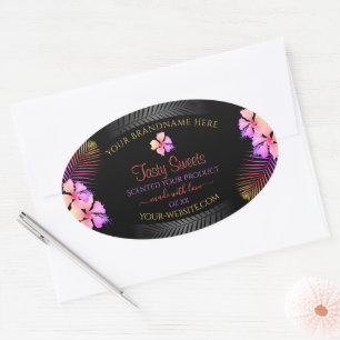 Adesivo Oval Black Product Labels Colorful Hawaiian Flowers