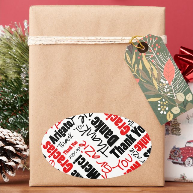 Adesivo Oval Black Red Multilingues Agradecemos a nuvem de tipo (Feriado)