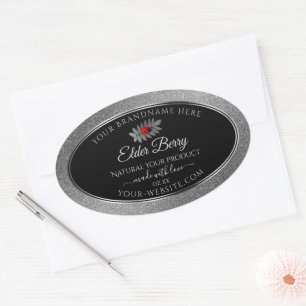 Adesivo Oval Black Silver Glitter Product Labels Red Ladybug