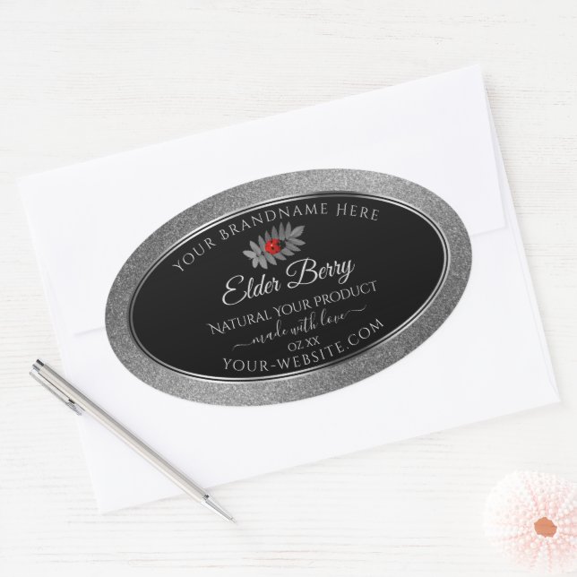 Adesivo Oval Black Silver Glitter Product Labels Red Ladybug (Envelope)