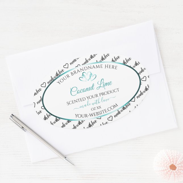 Adesivo Oval Black White Word Cloud Product Labels Teal Hearts (Envelope)