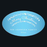 Adesivo Oval Blue Merry Christmas Oval Stickers<br><div class="desc">Vinhetas azuis e brancas de Natal felizes com texto modificável</div>