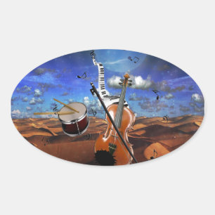 Adesivo Oval Bonitas notas de música violino, tambores de piano