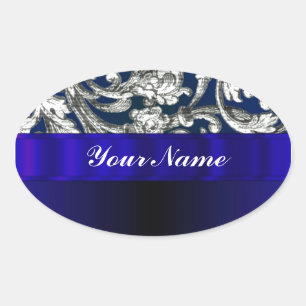 Adesivo Oval Bonito damasco floral em azul