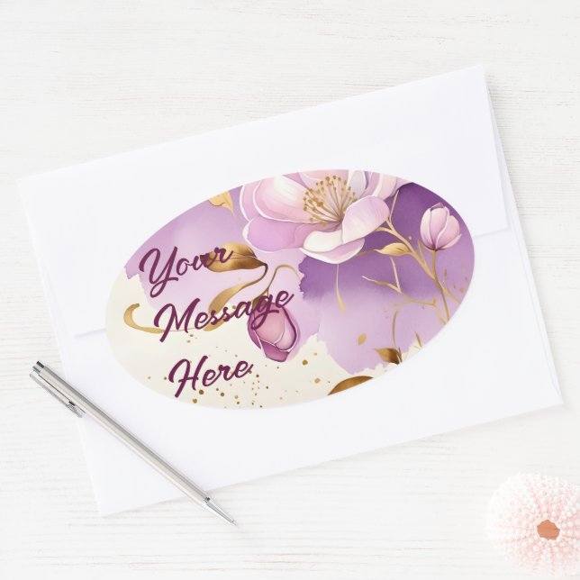 Adesivo Oval Bonito Puro Dourado Floral (Envelope)