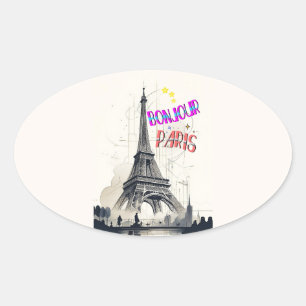 Adesivo Oval Bonjour Colorful Paris