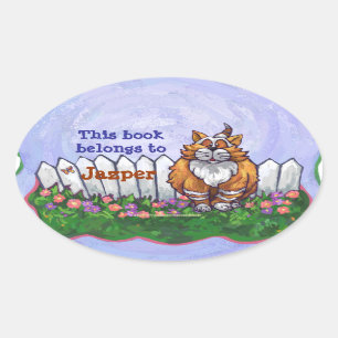 Adesivo Oval Bookplate da biblioteca do gato do gengibre