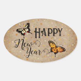 Adesivo Oval Borboleta de Tipografia Elegante Estrelas Ano Novo