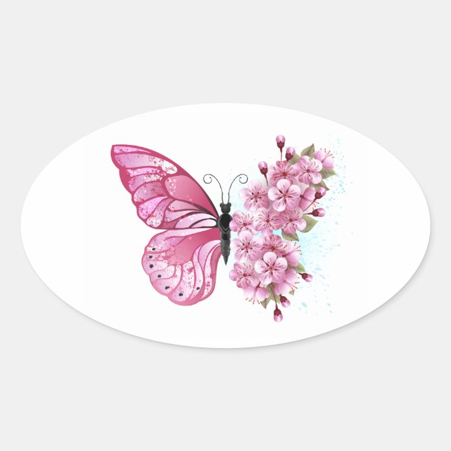 Adesivo Oval Borboleta Flor com Sakura Rosa (Frente)