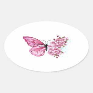 Adesivo Oval Borboleta Flor com Sakura Rosa