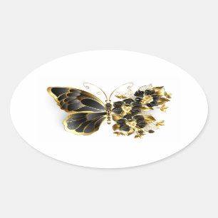 Adesivo Oval Borboleta Flor de Ouro com Orquídea Preta