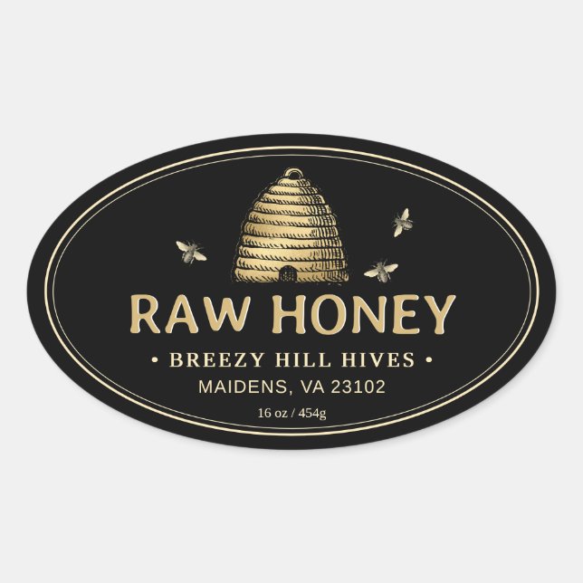 Adesivo Oval Borda dupla de bifes Dourados com rótulo de mel pr (Frente)