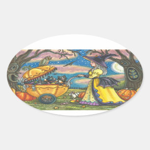 ADESIVO OVAL BRUXAS, FOLHA DE GOLAS DE GOLPE DE GATO PRETO