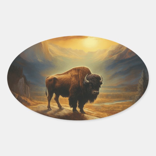 Adesivo Oval Buffalo Bison Sunset Silhouette (Frente)
