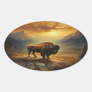 Adesivo Oval Buffalo Bison Sunset Silhouette