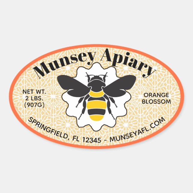 Adesivo Oval Bumble Bee Apiary Name Honey Jar Stickers (Frente)