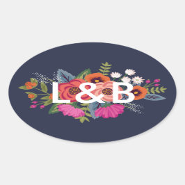 Adesivo Oval Buquê boêmico - Iniciais de Casamento Azul Marinho