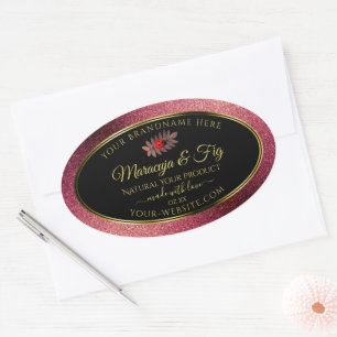 Adesivo Oval Burgundy Glitter Black Product Labels Cute Ladybug